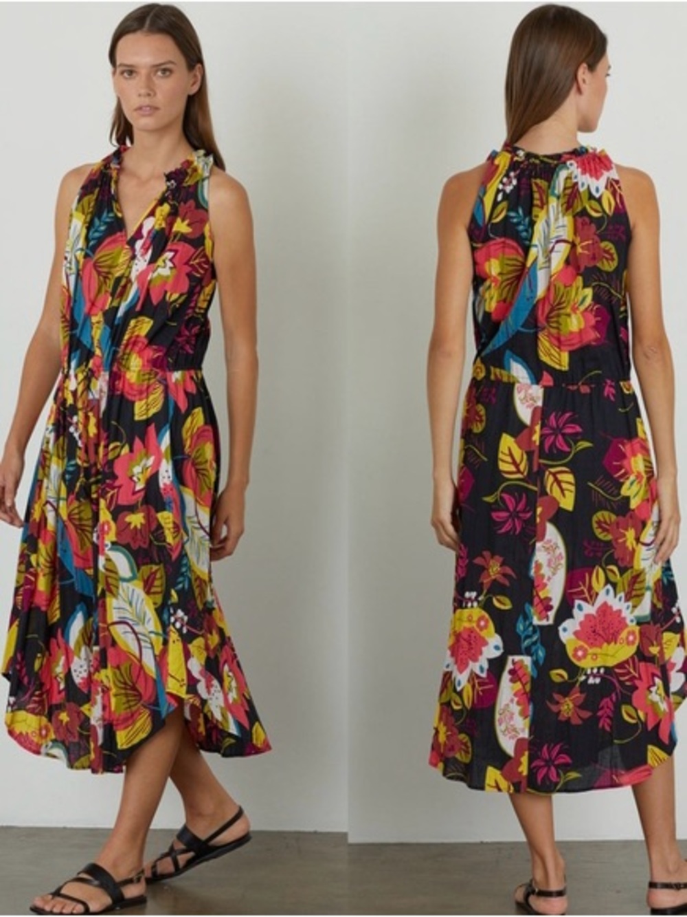 Velvet by Graham & Spencer Ramona Tie Front Cotton Midi Dress Black Eden Print S